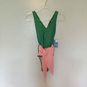 Coolibar Breakwater Wrap Swimsuit Palm Green Pink Sash Upf New Small